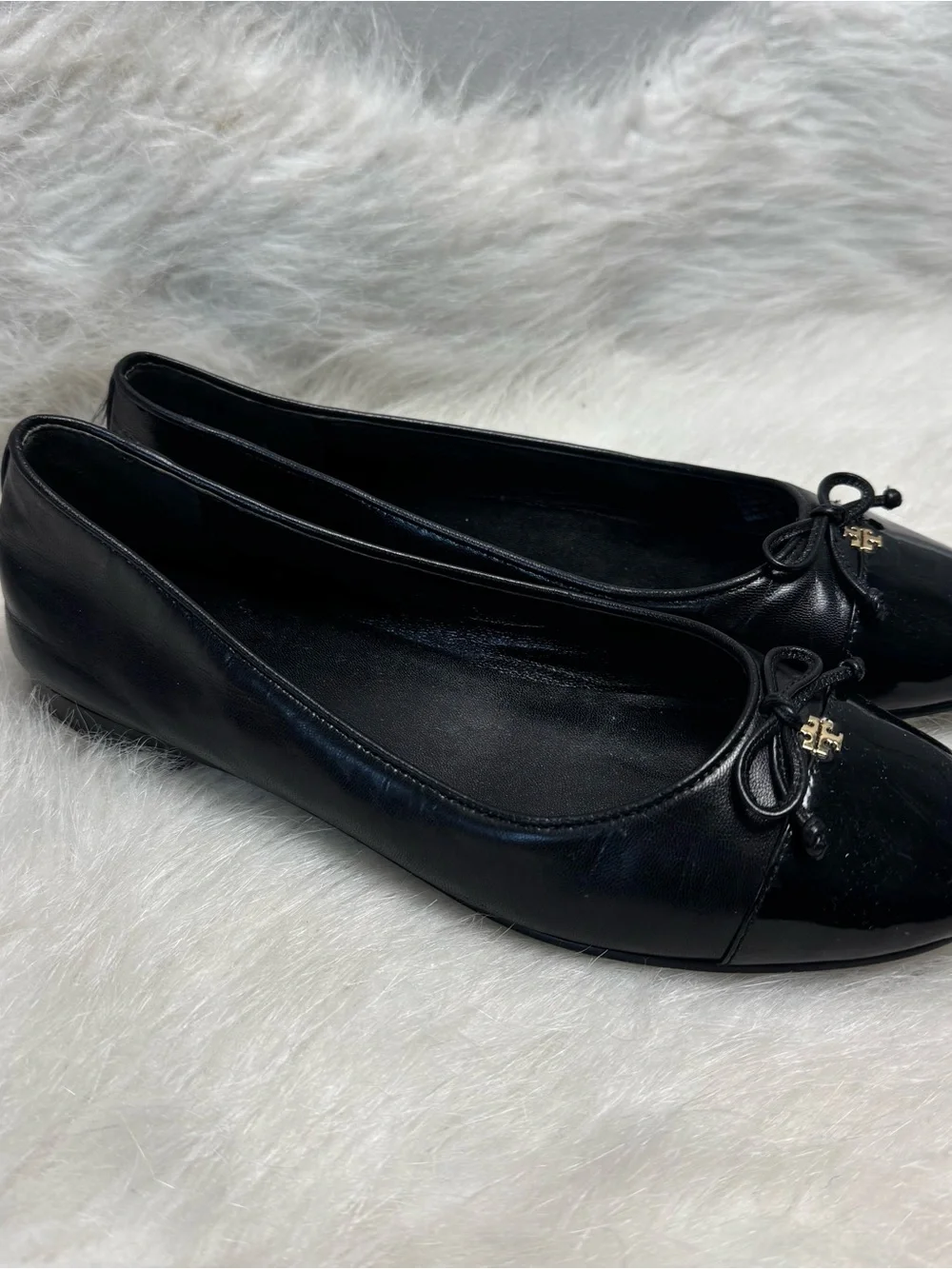 Tory Burch Patent Leather Cap Toe Bow Ballet Flats in Perfect Black 7.5